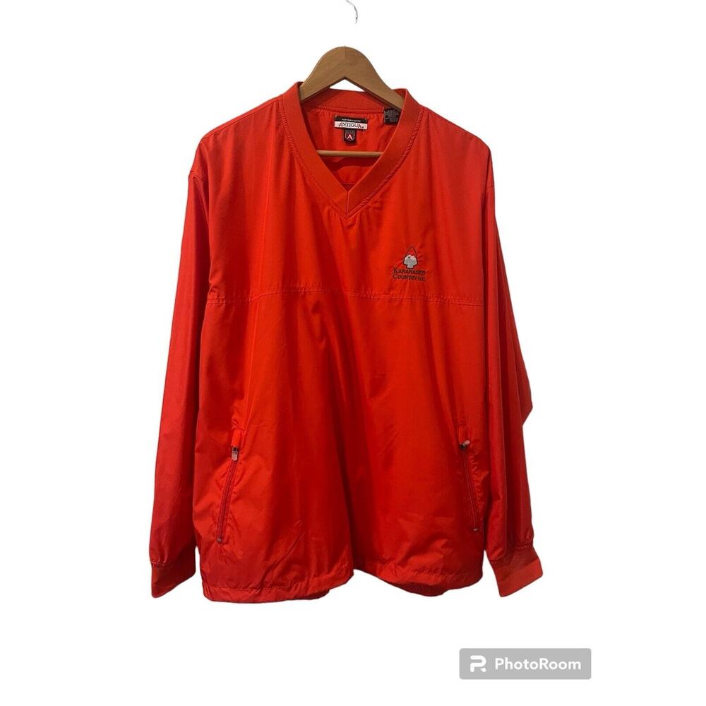 Antigua Performance Orange V-Neck Pull-Over Windbreaker Golf Jacket Mens Size L